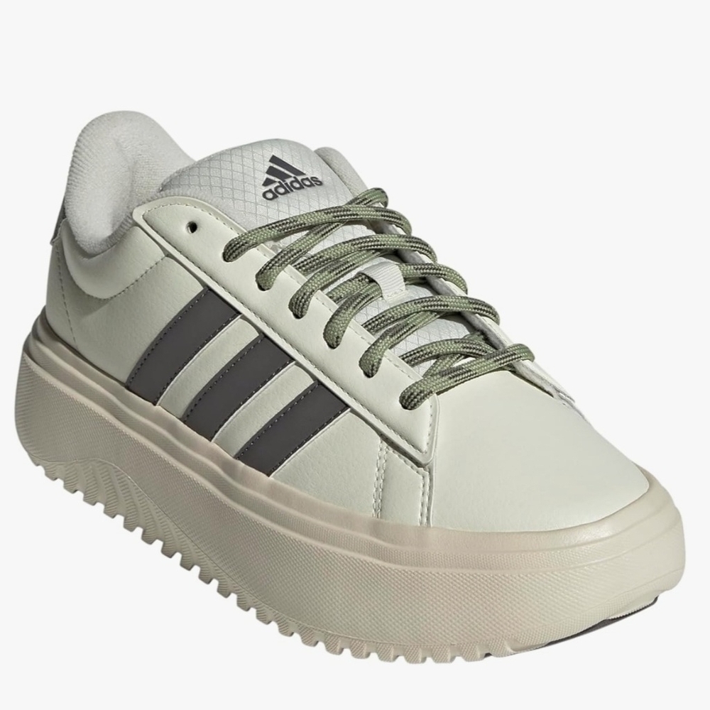 adidas Women's Cream Sneakers with Gray Stripes and Olive Laces